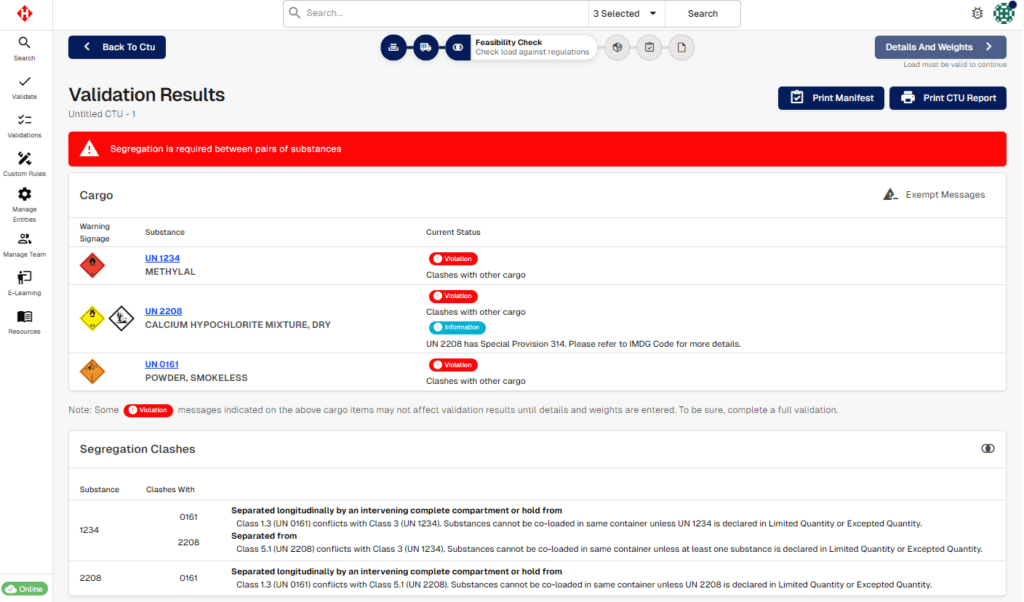 Hazcheck Validate screen highlighting a non-compliant shipment for review
