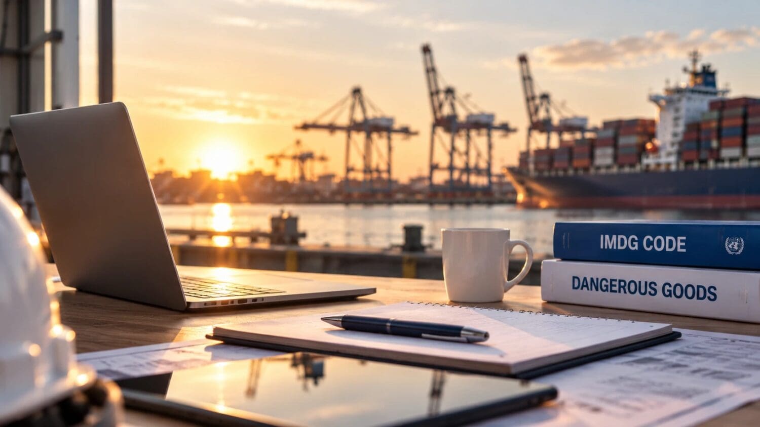IMDG Code and dangerous goods reference books beside a laptop at a container port